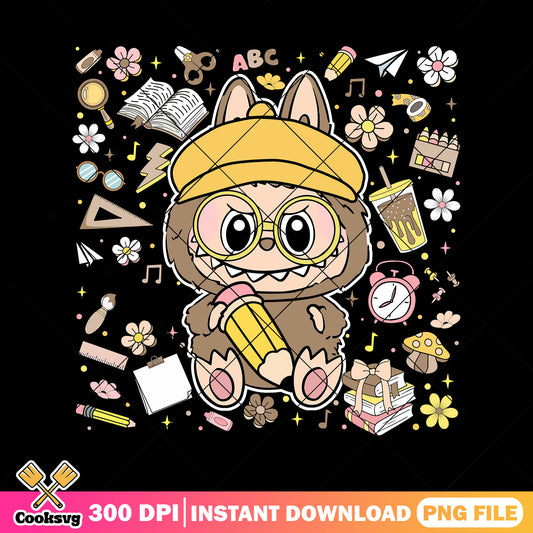 Labubu back to school png, labubu​ brown png, labubu sitting ​png