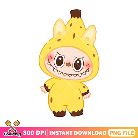 Labubu banana costume png, labubu standing png, labubu hehe png