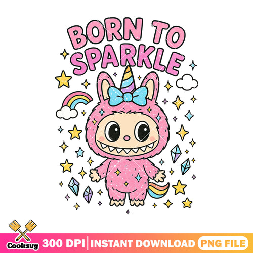 Labubu born to sparkle png, pink labubu png, labubu rainbow png