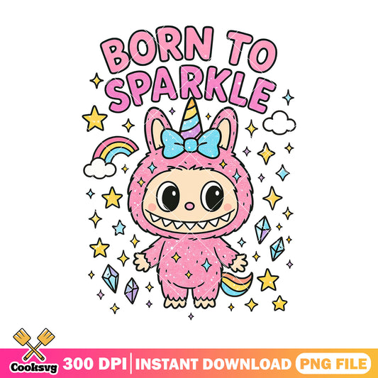 Labubu born to sparkle png, pink labubu png, labubu rainbow png