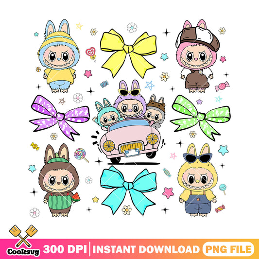 Labubu bow tie in the car png, labubu near me png, colorful bow ties​ png