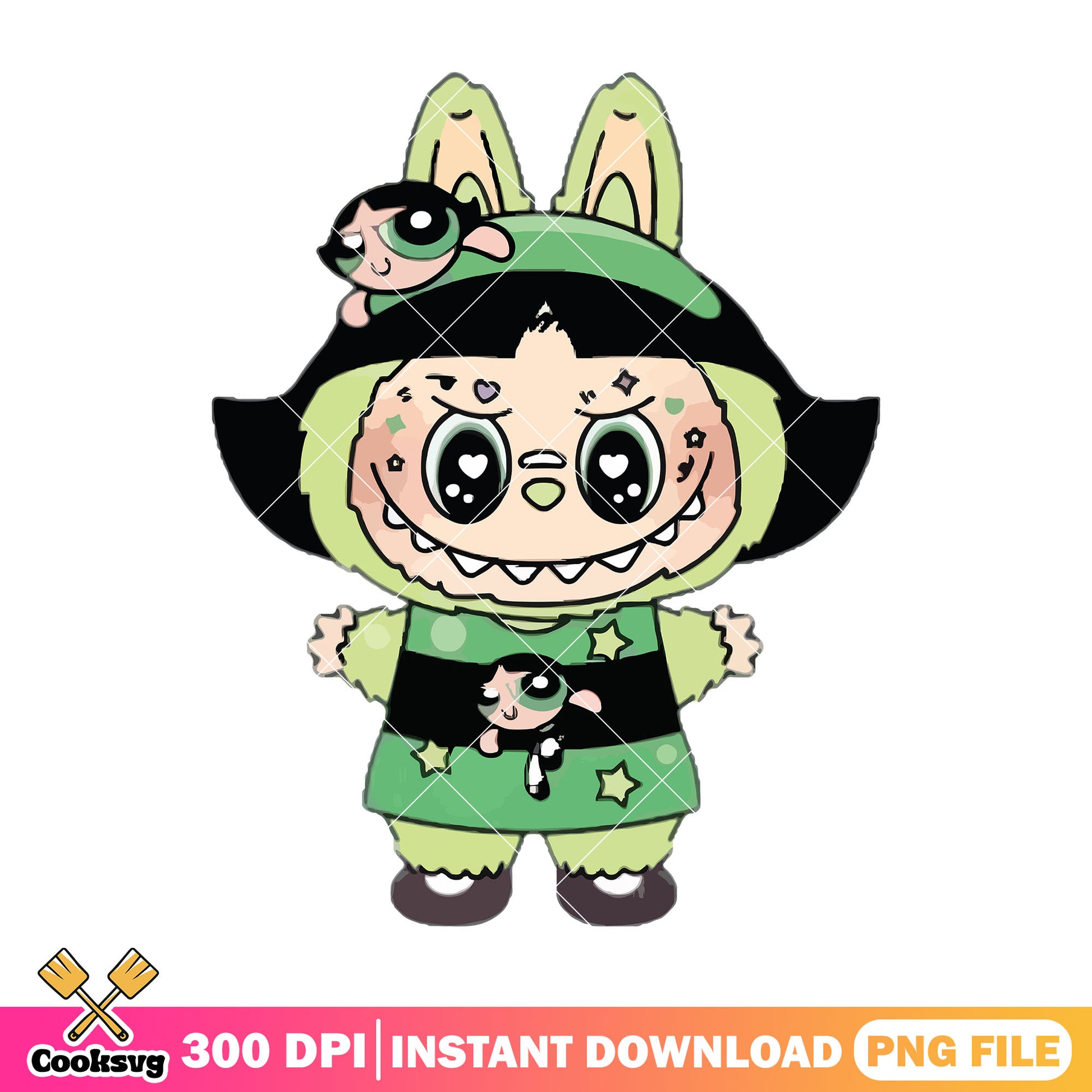 Labubu buttercup outfit png, labubu green png, labubu plush png