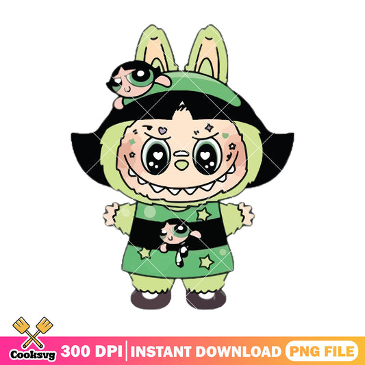 Labubu buttercup outfit png, labubu green png, labubu plush png