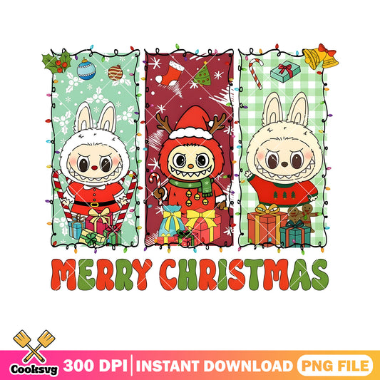 Labubu christmas png, santa costume png, christmas gifts png