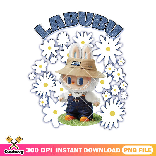 Labubu cute and flower png, cute labubu png, white labubu​ png