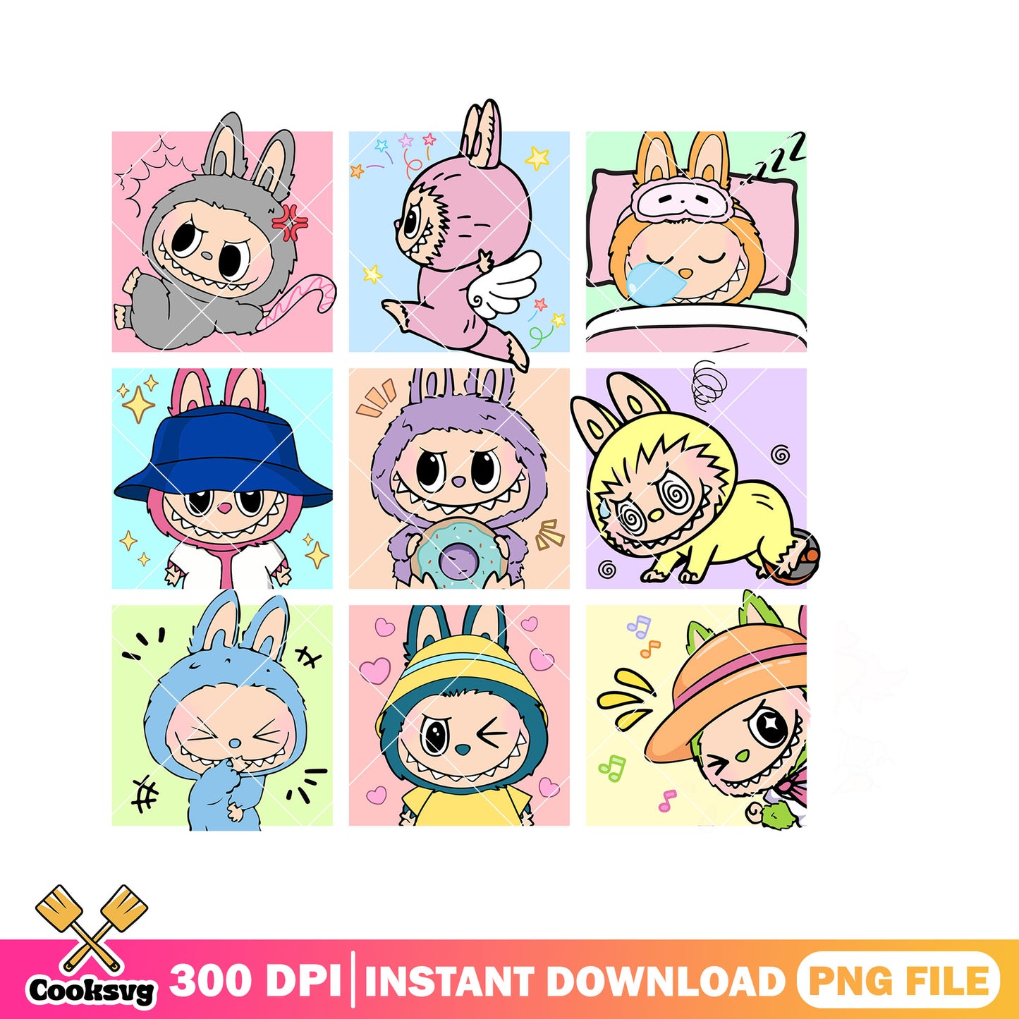 Labubu different activates png, labubu energy png, labubu monster png