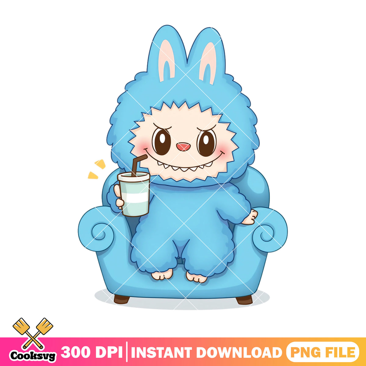 Labubu drinking design png, labubu blue png, labubu sitting png