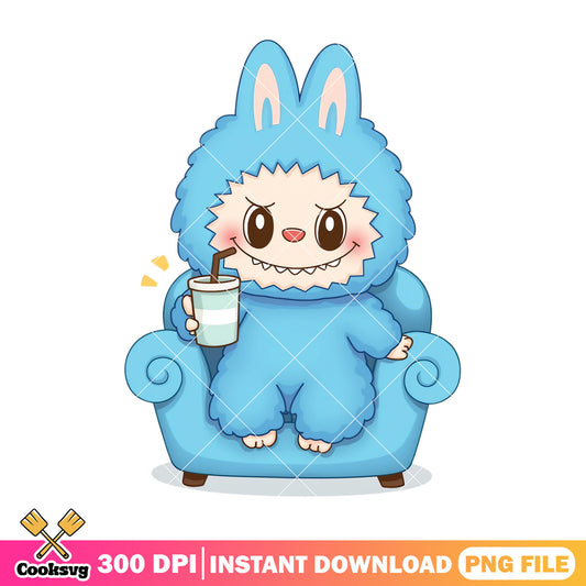 Labubu drinking design png, labubu blue png, labubu sitting png