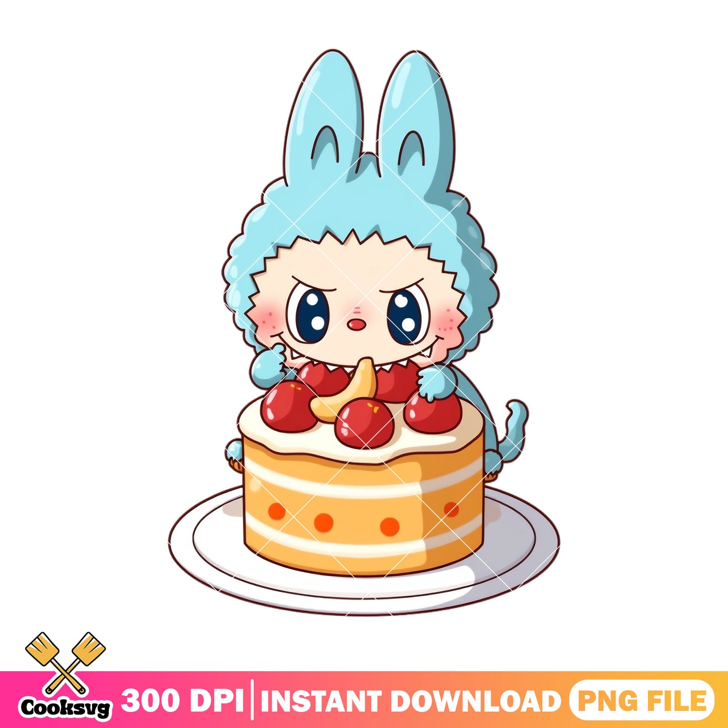 Labubu eating a big cake png, labubu hehe png, labubu plush png