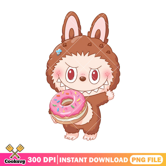 Labubu eating a donut png, labubu brown png, labubu standing png