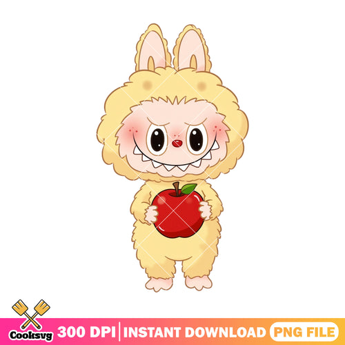 Labubu eating apple png, labubu yellow png, labubu standing png