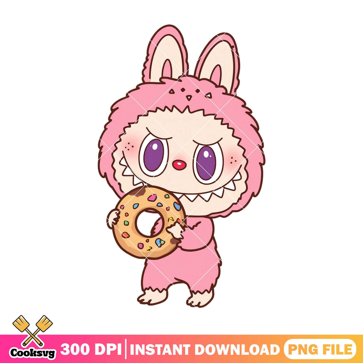 Labubu eating donut png, labubu monster png, labubu pink png