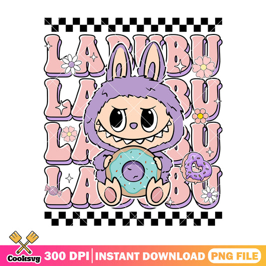 Labubu eating donut png, labubu purple png, labubu popmart png