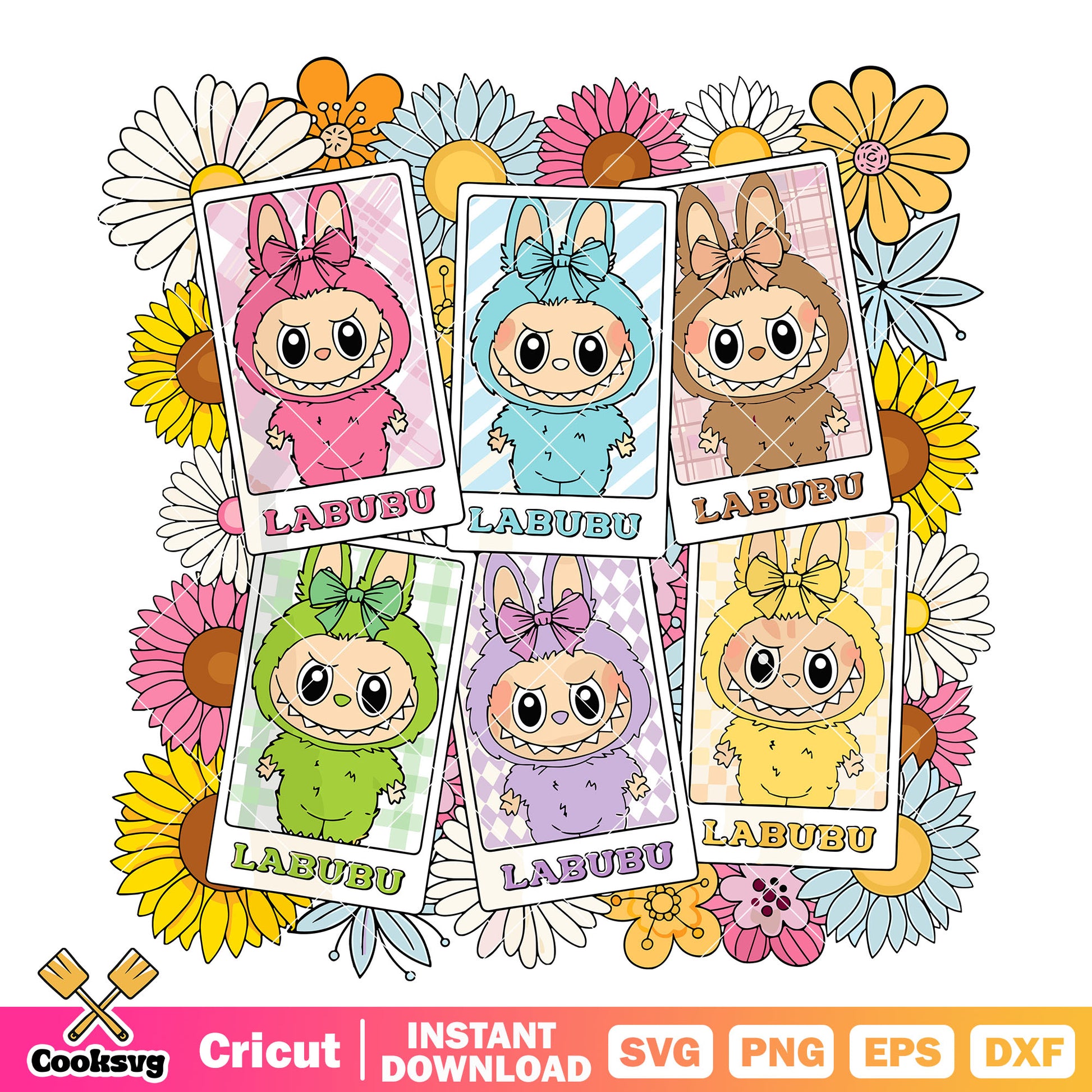 Labubu floral vibes svg, labubu popmart svg, cute labubu svg