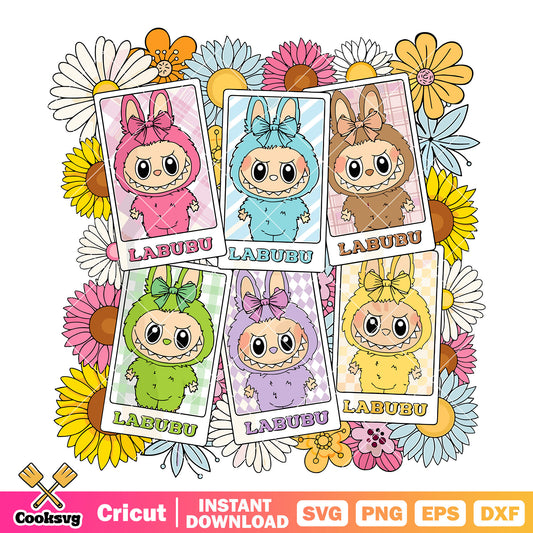 Labubu floral vibes svg, labubu popmart svg, cute labubu svg