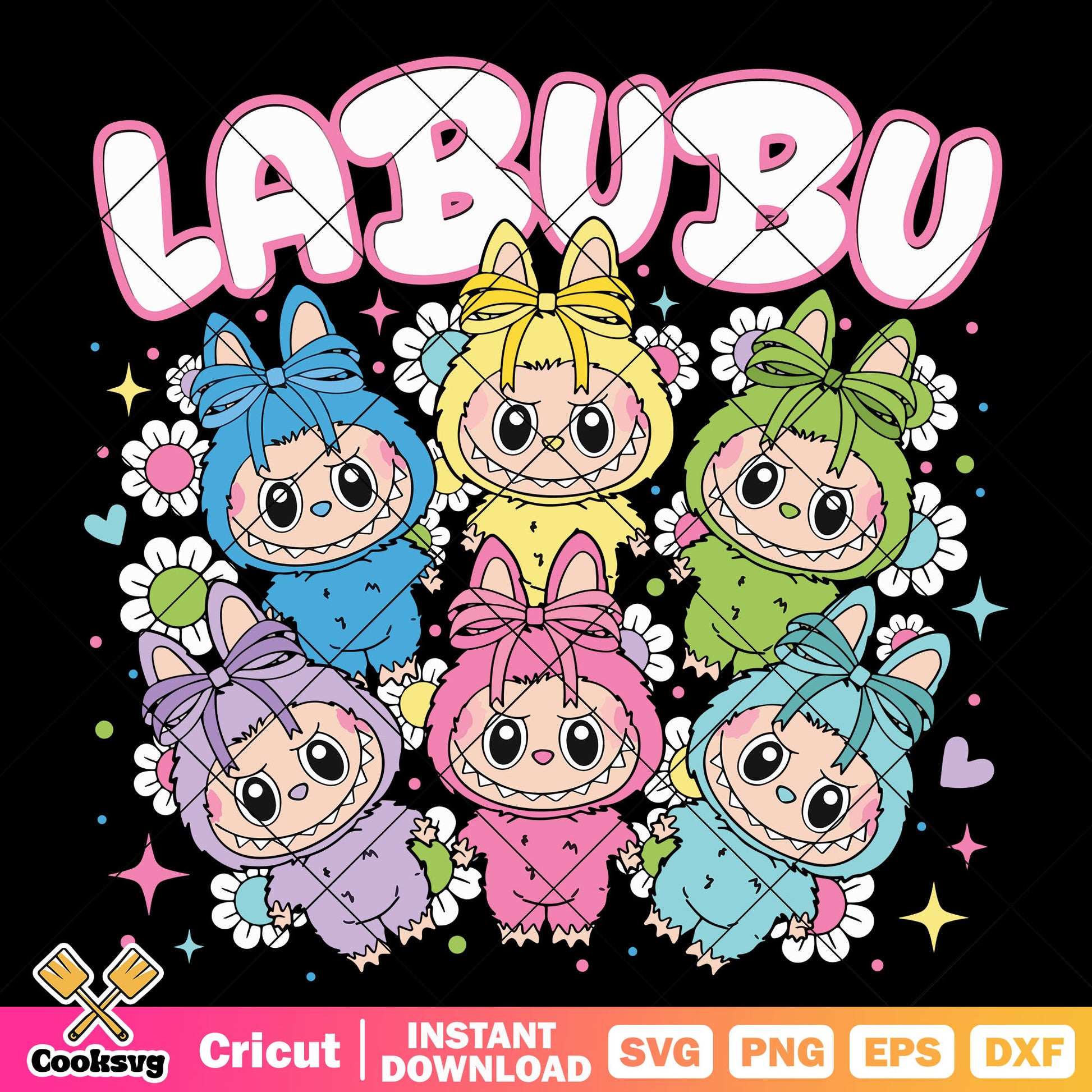 Labubu floral vibes svg design, labubu vibes svg, labubu flower svg