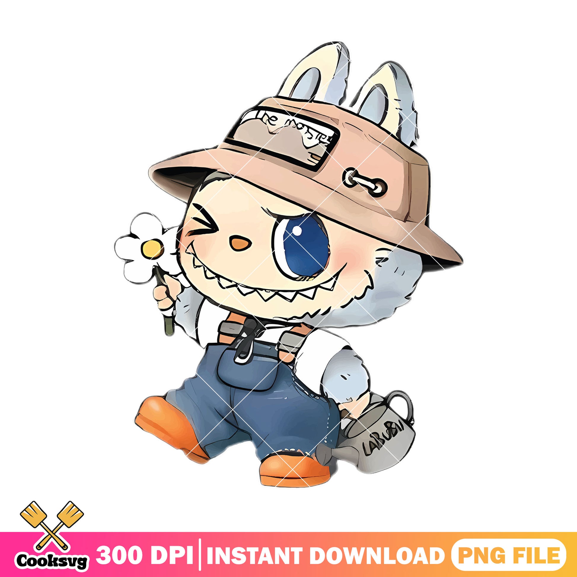 Labubu gardener design png, labubu happy png, labubu grey png