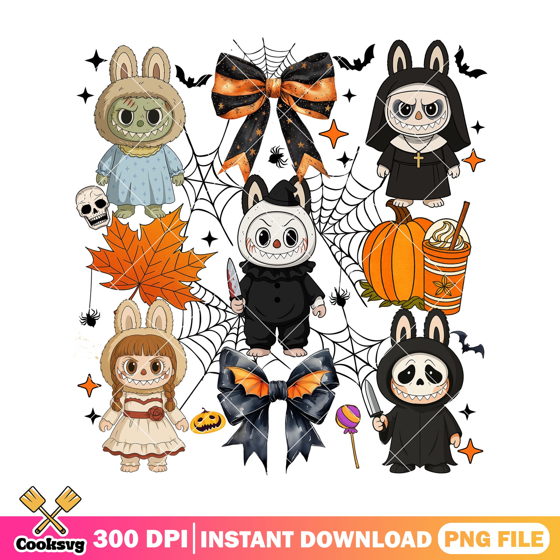 Labubu halloween costume art png, horror halloween png, labubu dolls png