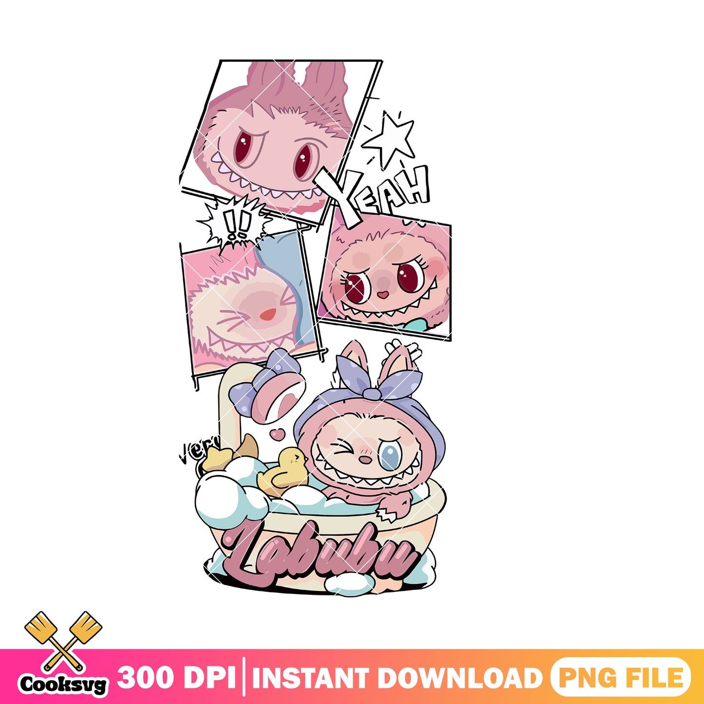 Labubu having shower comic png, labubu girl png, labubu pink png