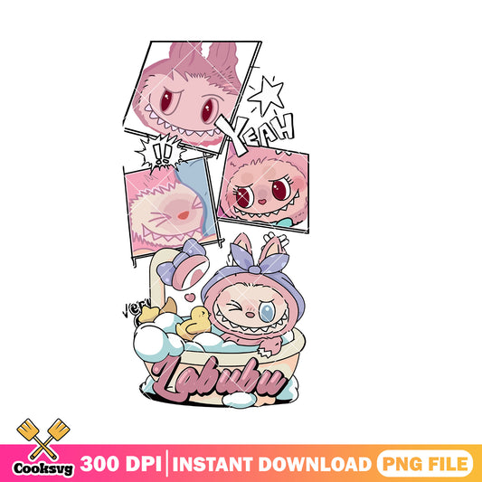Labubu having shower comic png, labubu girl png, labubu pink png