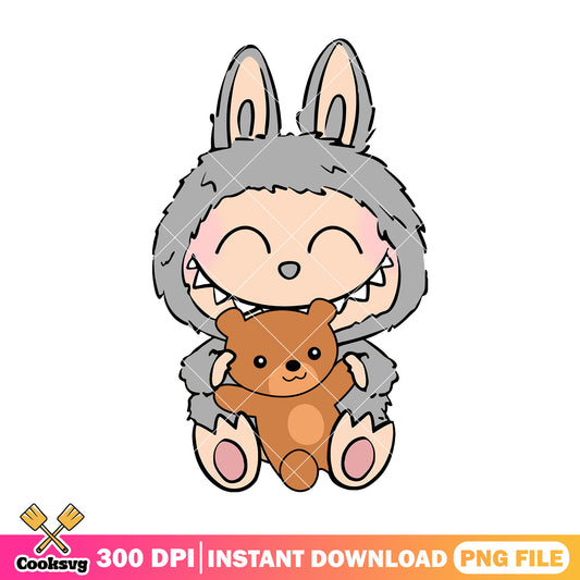 Labubu hugs bear doll png, labubu grey​ png, labubu cartoon ​png