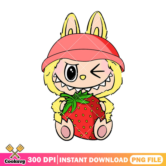 Labubu hugs strawberry png, yellow labubu​ png, labubu popmart ​png
