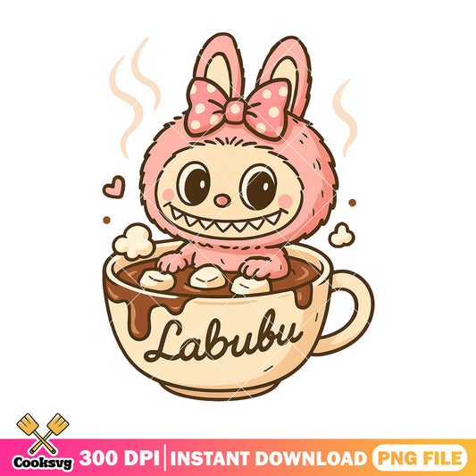 Labubu in cup of tea png, pink labubu png, cute labubu png