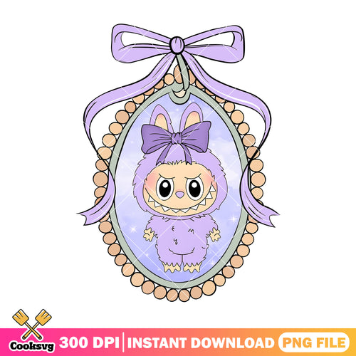 Labubu in oval frame png, labubu purple png, labubu popmart png