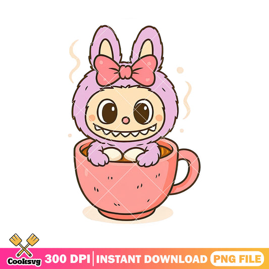 Labubu in red cup png, pink labubu png, have a seat labubu​ png