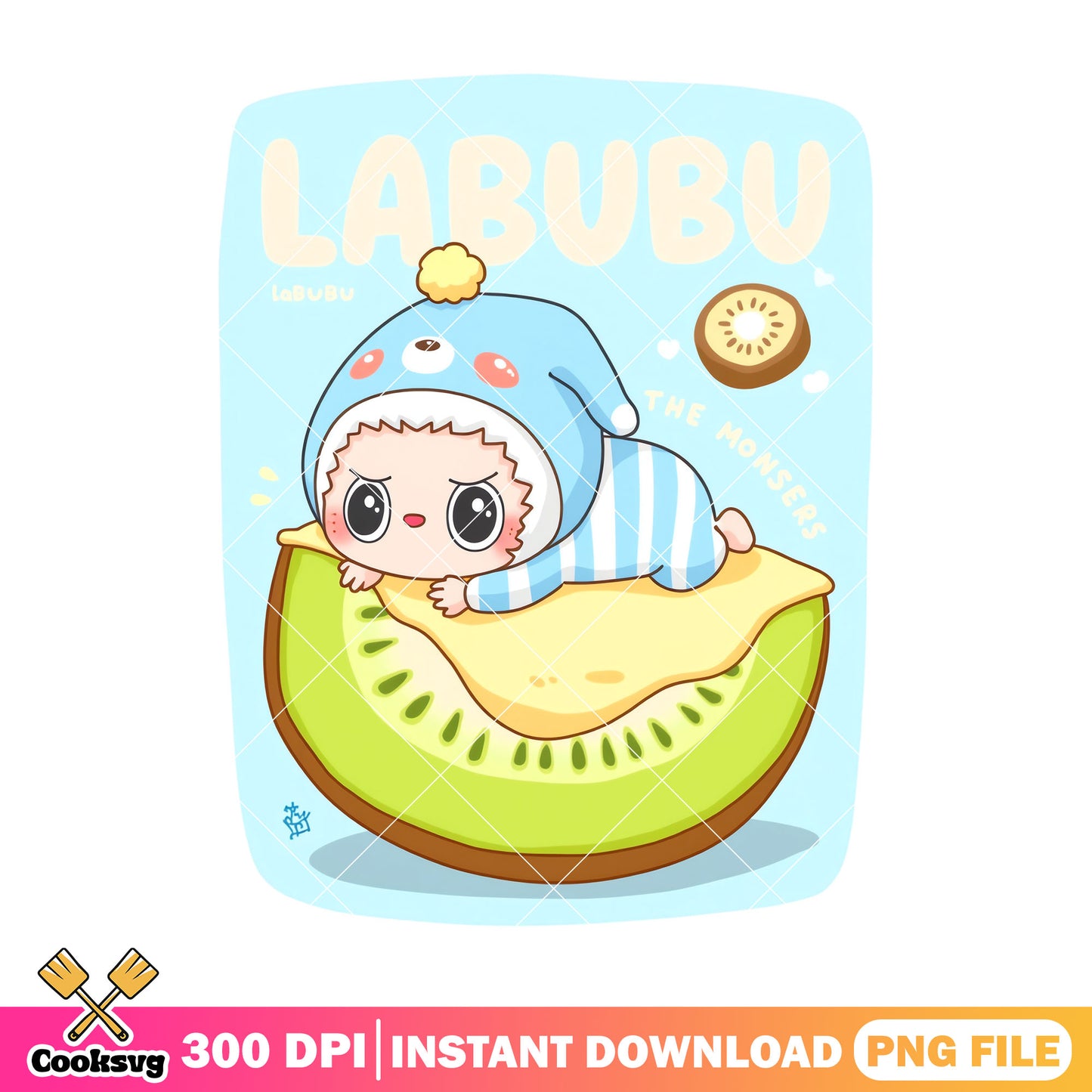 Labubu lying on kiwi png, labubu outfit png, labubu happy png