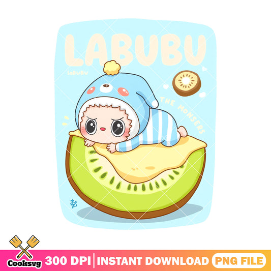 Labubu lying on kiwi png, labubu outfit png, labubu happy png