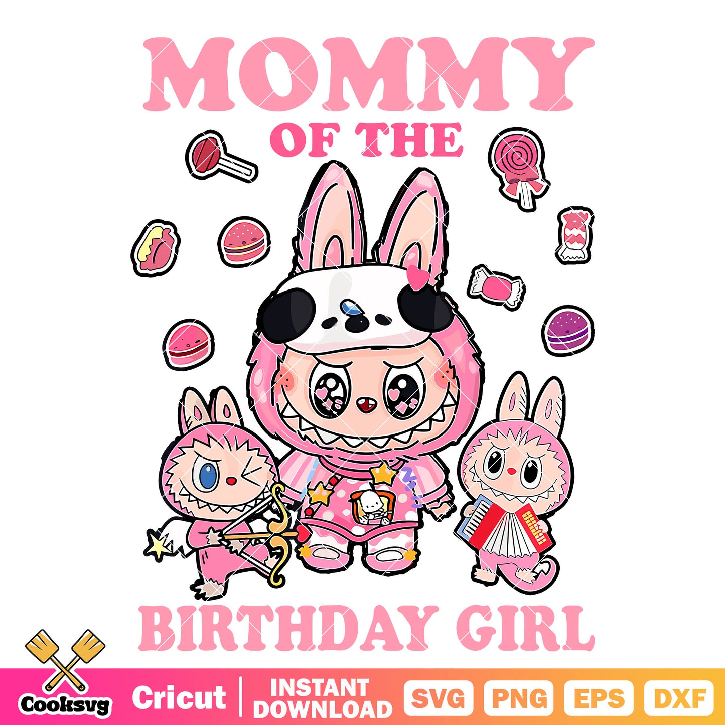 Labubu mommy birthday girl svg, pink labubu svg, labubu birthday svg