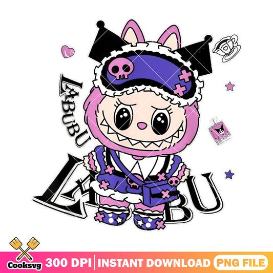 Labubu monster in kuromi costume png, kuromi labubu​ png