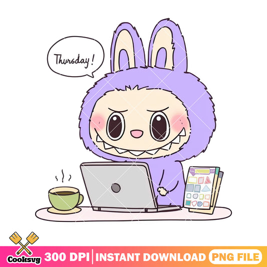 Labubu on thursday png, purple labubu png, labubu sitting png