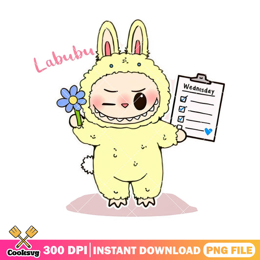 Labubu on wednesday png, labubu yellow png, labubu standing png