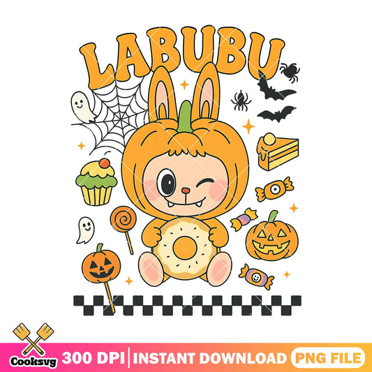 Labubu outfit pumpkin design png, labubu sitting png, halloween art png