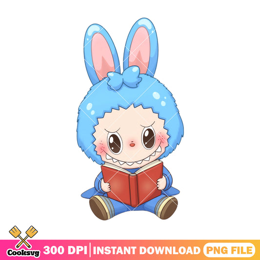 Labubu reading design png, labubu blue png, labubu sitting png