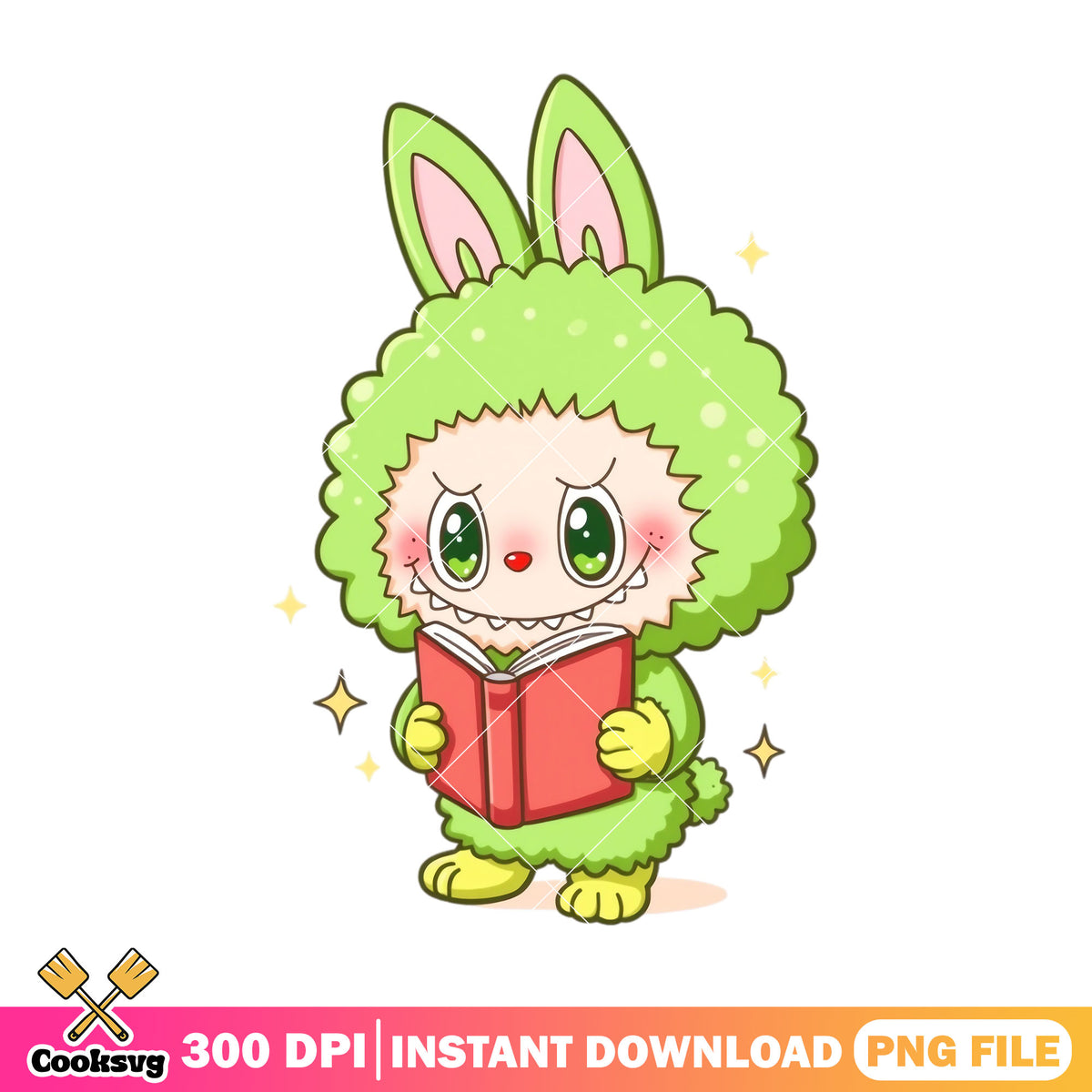 Labubu reading design png, labubu green png, labubu happy png – Cooksvg