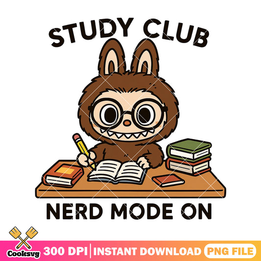 Labubu read study club png, nerd mode on​ png, labubu read​ png