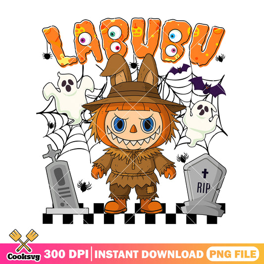 Labubu scarecrow halloween png, labubu costume png, halloween labubu png
