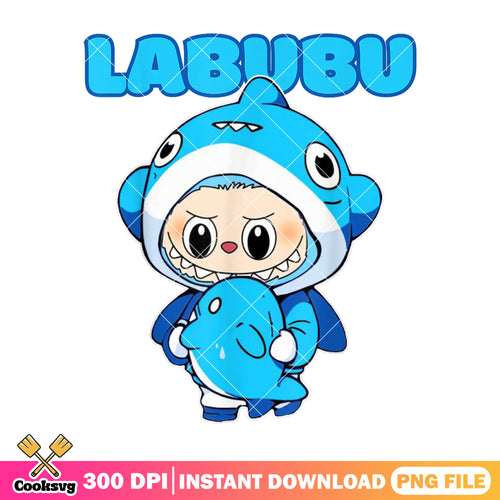 Labubu shark costume cute png, cute labubu png, blue labubu png