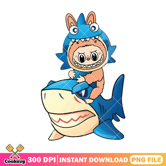 Labubu shark costume riding shark png, labubu cute png, labubu png