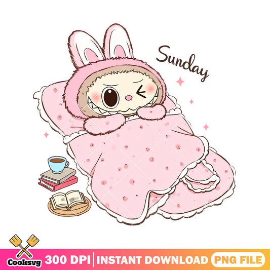 Labubu sleeps on sunday png, pink labubu png, labubu ​png