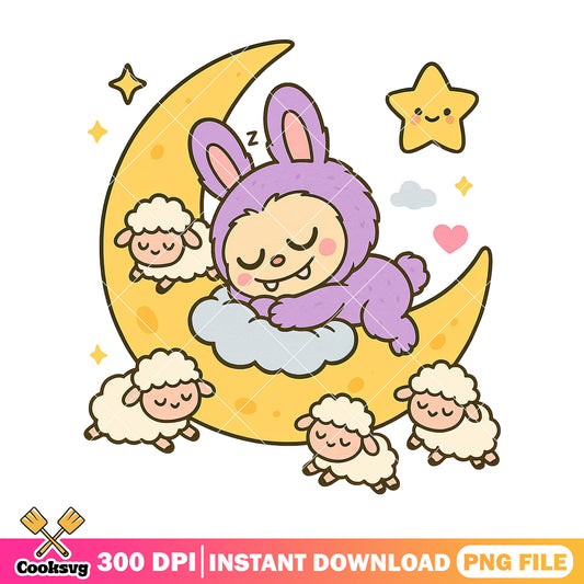 Labubu sleeps on the moon png, purple labubu png, plush labubu ​png