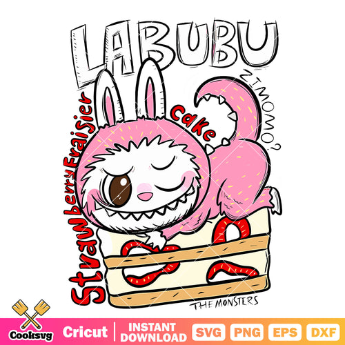 Labubu strawberry cake svg, labubu cake svg, pink labubu svg
