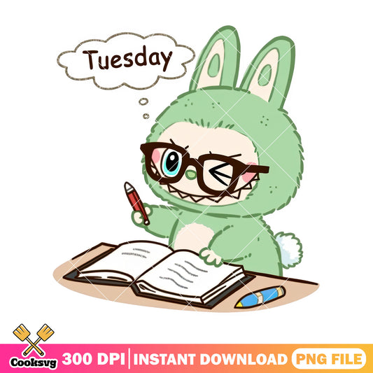 Labubu studying on tuesday png, labubu green png, labubu plush png
