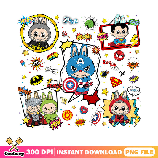 Labubu superhero outfits png, labubu happy png, labubu hehe png