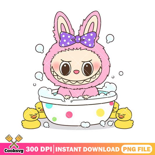 Labubu taking shower png, labubu pink png, labubu girl png