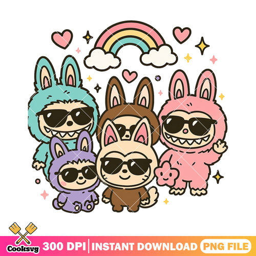 Labubu wear sunglasses png, labubu friends png, labubu colours png