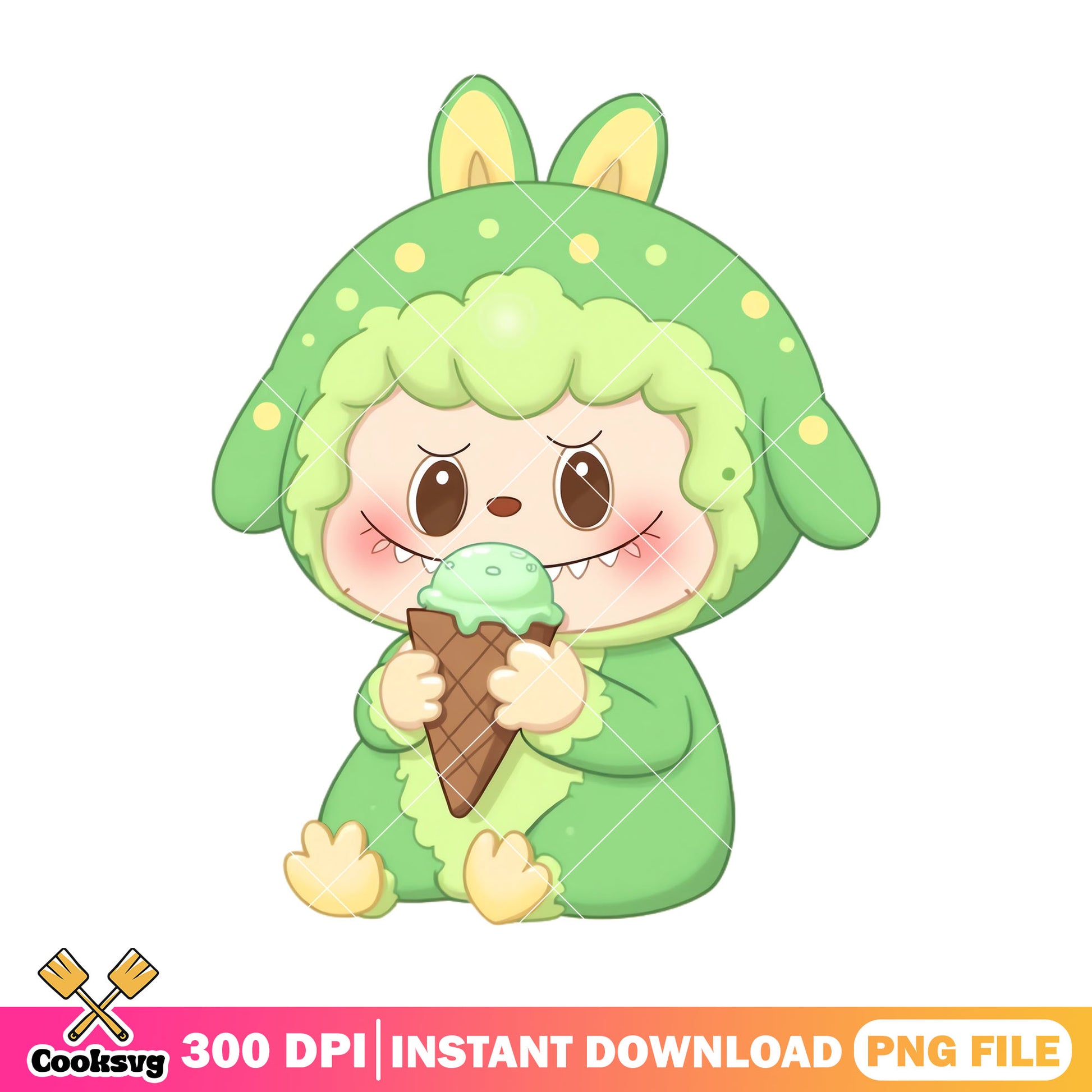 Labubu with an ice scream png, labubu green png, labubu sitting png